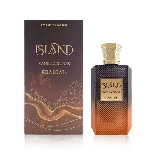 Extrait de Parfum Island Vanilla Dunes by Khadlaj+ shown with its dark brown and gold outer box and the textured gradient perfume bottle next to it on a white background.