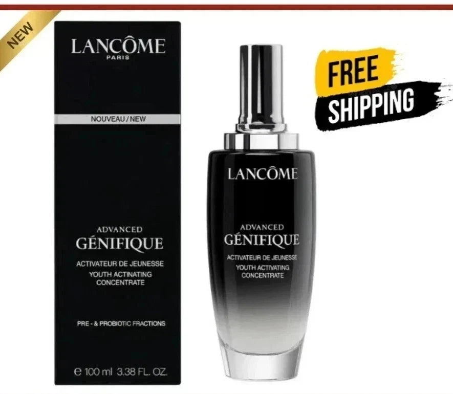 Lancôme Advanced Génifique Youth Activating Concentrate shown with its black retail box and matching bottle on a white background, plus promotional text badges reading 'NEW' and 'FREE SHIPPING'.