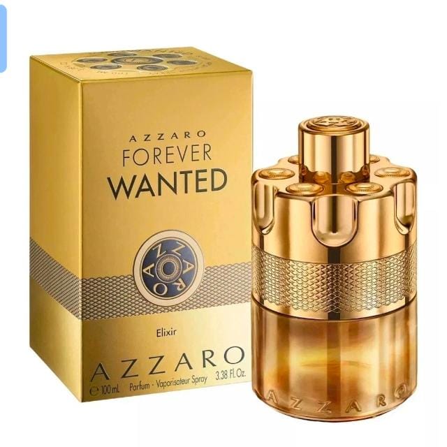 Azzaro Forever Wanted Elixir perfume bottle and its gold-colored packaging box, shown on a plain white background.