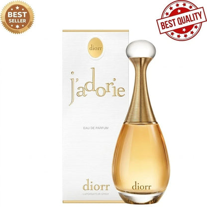 Dior J'adorie Eau de Parfum bottle and packaging box on a white background, with a gold 'Best Seller' badge in the top-left corner and a red 'Best Quality' stamp in the top-right.