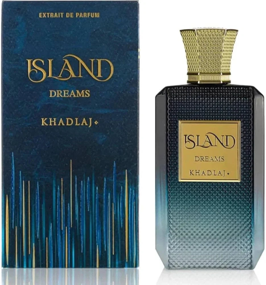 Perfume bottle and packaging of 'Island Dreams' by Khadlaj on a white background