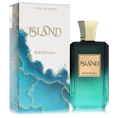 Island Khadlaj extrait de parfum bottle and packaging box. The bottle is a textured gradient of teal and dark green with a gold cap and gold label.
